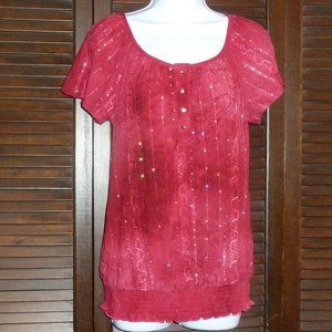 Sami & Jo Red Sparkle SequinTop, Short Sleeve, Buttons, Elastic Bottom, M